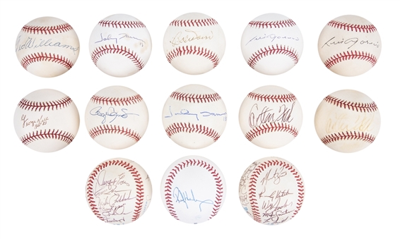Lot of (13) Boston Red Sox Greats Signed Baseballs Including Ted Williams, Rickey Henderson, Clemens, Fisk, Kell, Doerr & (2) 1989 Team Signed OAL Baseballs (JSA Auction LOA)